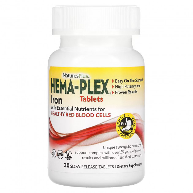 Залізо та поживні речовини для здоров'я еритроцитів, Iron with Essential Nutrients, Hema-Plex, NaturesPlus, 30 таблеток із уповільненим вивільненням