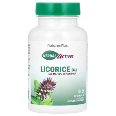 Корінь солодки, Licorice (DGL) Nature's Plus, Herbal Actives, 500 мг, 60 капсул
