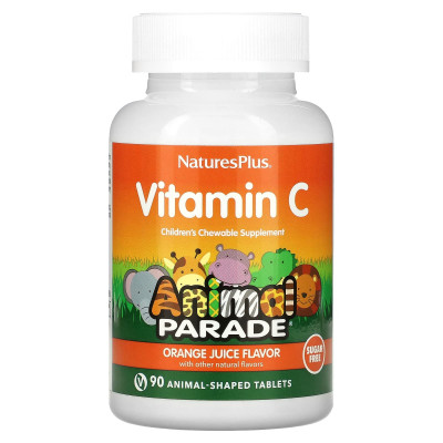 Вітамін С жувальний, Vitamin C, Nature's Plus, Animal Parade, апельсиновий смак, без цукру, 90 таблеток у формі тварин