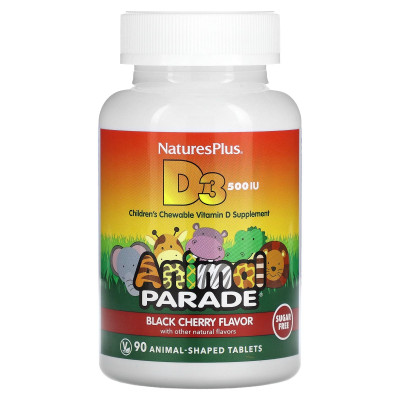 Вітамін D-3, Vitamin D 3, Nature's Plus, Animal Parade, смак чорної вишні, без цукру, 12,5 мкг (500 МО), 90 жувальних таблеток у формі тварин