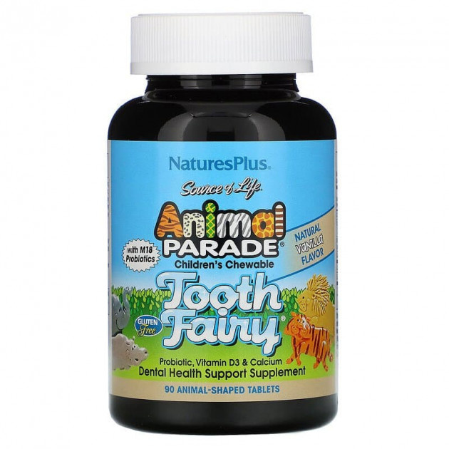 Пробіотики, Tooth Fairy Probiotic, Nature's Plus, Animal Parade, для дітей, вітамін D3 та кальцій, смак ванілі, 90 таблеток у формі тварин