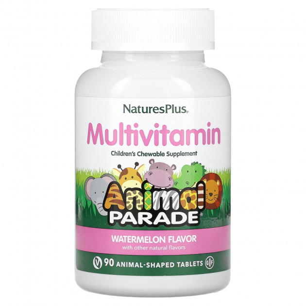 Мультивітаміни та мінерали для дітей, Animal Parade Multivitamin, NaturesPlus, смак кавуна, 90 жувальних цукерок у формі тварин