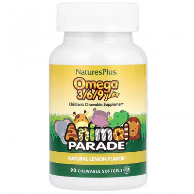 Омега 3 6 9 для дітей, Omega 3/6/9 Junior, Nature's Plus, Animal Parade, лимонний смак, 90 м'яких жувальних капсул