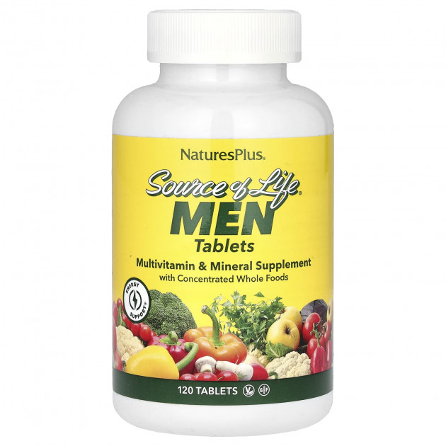 Мультивітаміни та мінералі для чоловіків, Source of Life Men, Nature's Plus, Source of Life Men, з концентрованими цільними продуктами, без заліза, 120 таблеток