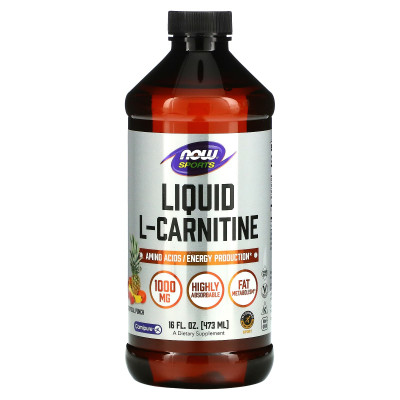 L-карнітин, L-Carnitine, Now Foods, Sports, рідкий, тропічний пунш, 1000 мг, 473 мл