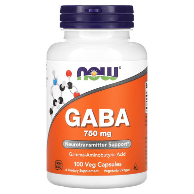 Гамма-аміномасляна кислота, GABA, Now Foods, 750 мг, 100 капсул