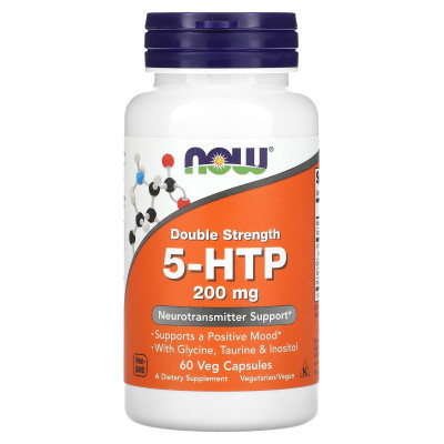 5-HTP, 5-гідрокситриптофан, 5-HTP, NOW Foods, подвійна сила, 200 мг, 60 вегетаріанських капсул