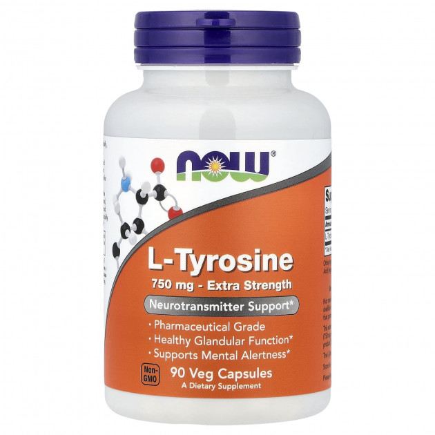 Тирозин, L-Tyrosine, Now Foods, додаткова сила, 750 мг, 90 вегетаріанських капсул