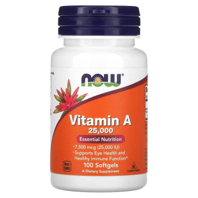 Вітамін А, Vitamin A, Now Foods, 7500 мкг (25000 МО), 100 гелевих капсул