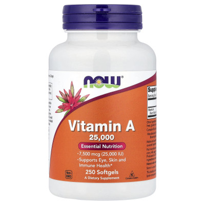 Вітамін А, Vitamin A, Now Foods, 7500 мкг (25000 МО), 250 гелевих капсул