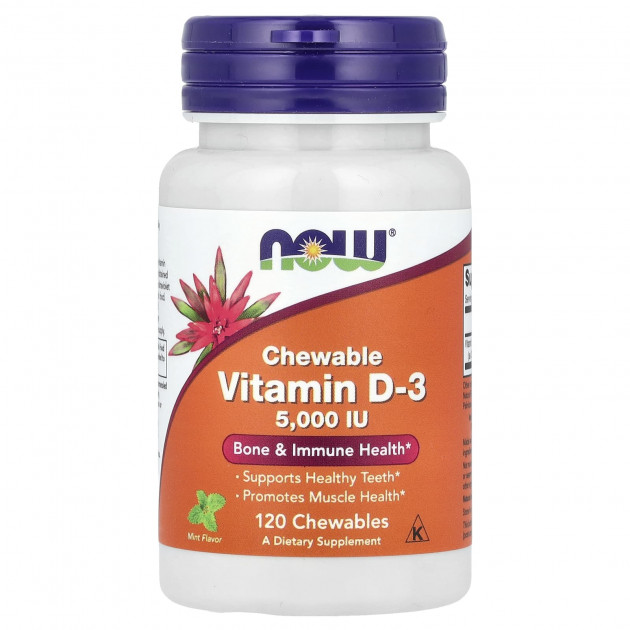 Вітамін D-3, Vitamin D-3, Now Foods, смак м'яти, 5000 МО, 120 жувальних таблеток
