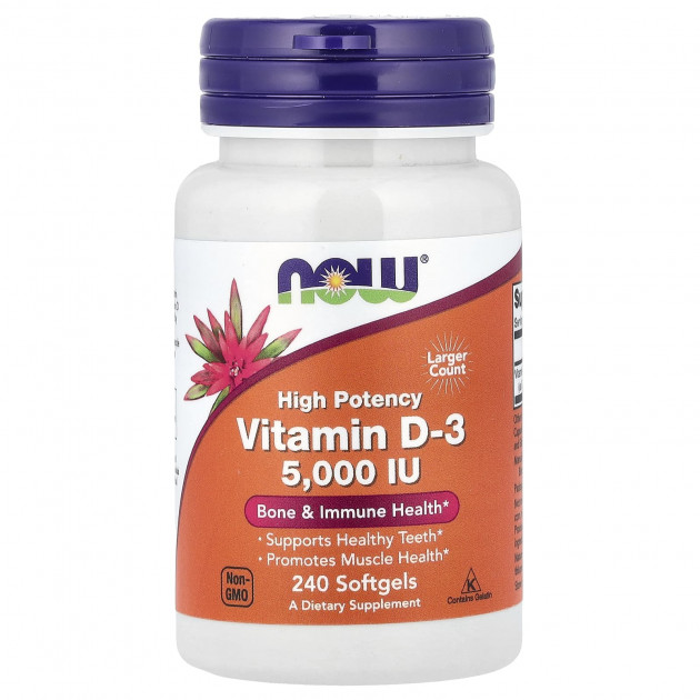 Вітамін D-3, Vitamin D-3, Now Foods, високоефективний, 125 мкг (5000 МО), 240 гелевих капсул