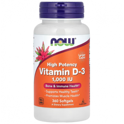 Вітамін D-3, Vitamin D-3,  NOW Foods, високоефективний, 25 мкг (1000 МО), 360 гелевих капсул