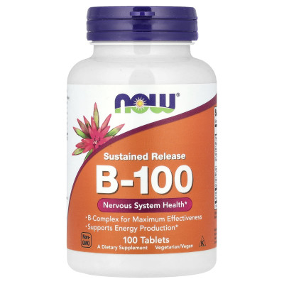 В комплекс, В-100, Sustained Release B-100, NOW Foods, уповільнене вивільнення, 100 таблеток