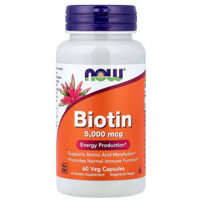 Біотин, Biotin, NOW Foods, 5000 мкг, 60 рослинних капсул
