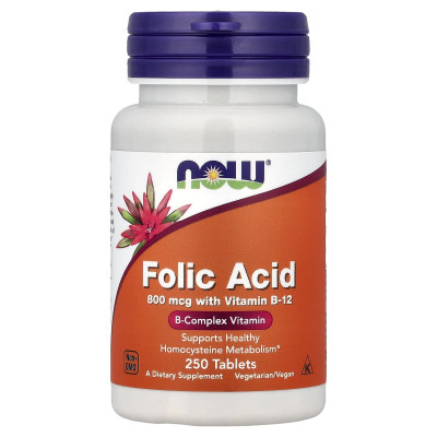 Фолієва кислота і вітамін В-12, Folic Acid, Now Foods, 800 мкг, 250 таблеток