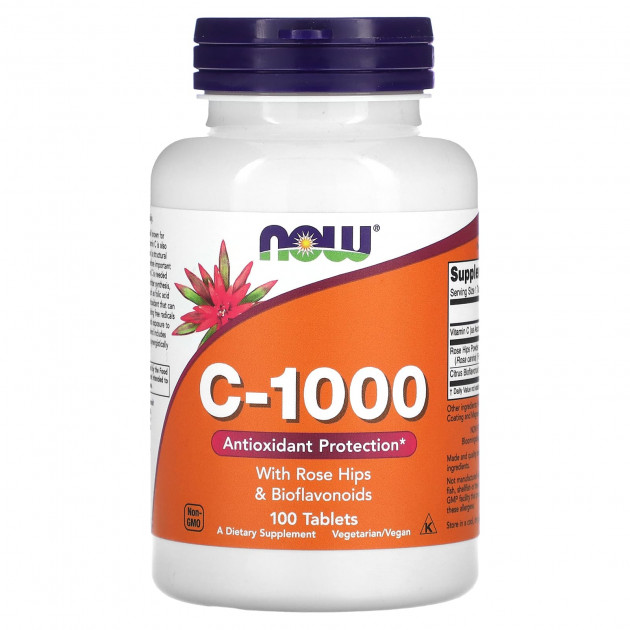Вітамін С-1000, C-100, NOW Foods, з шипшиною та біофлавоноїдами, 100 таблеток