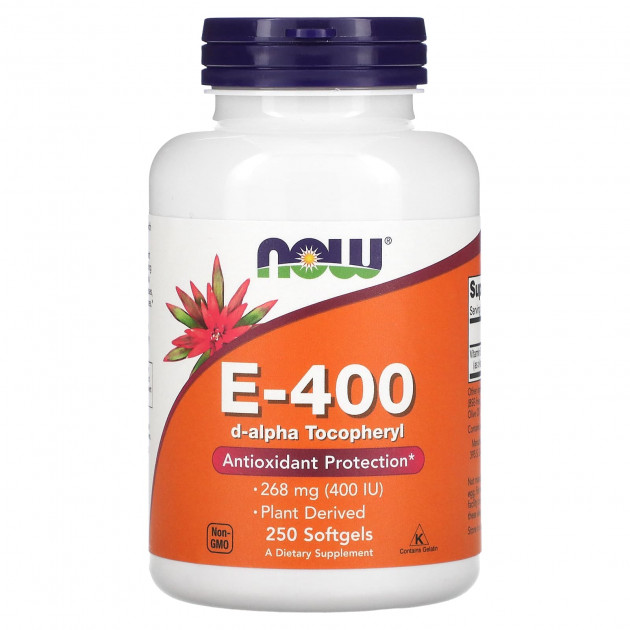 Вітамін Е, E-400, Now Foods, 268 мг (400 МО), 250 гелевих капсул