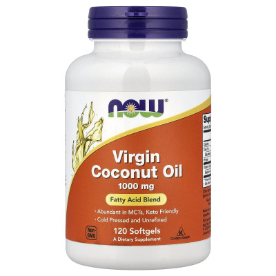 Кокосова олія, Coconut Oil, Now Foods, першого віджиму, 1000 мг, 120 гелевих капсул