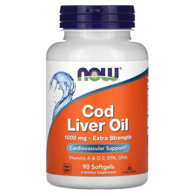 Риб'ячий жир з печінки тріски, Cod Liver Oil, Now Foods, 1000 мг, 90 гелевих капсул