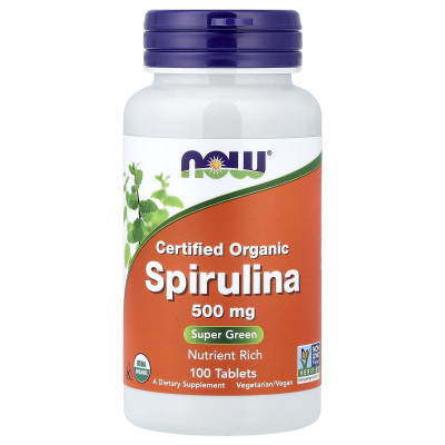 Спіруліна, Spirulina, Now Foods, сертифікована, органічна, 500 мг, 100 таблеток