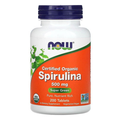 Спіруліна, Spirulina, Now Foods, сертифікована, органічна, 500 мг, 200 таблеток