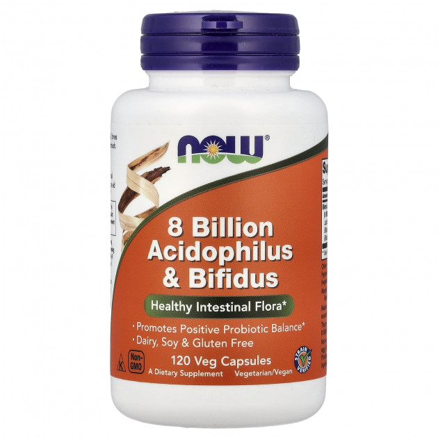 Пробіотик, Acidophilus & Bifidus, NOW Foods, 8 млрд КУО, 120 вегетаріанських капсул