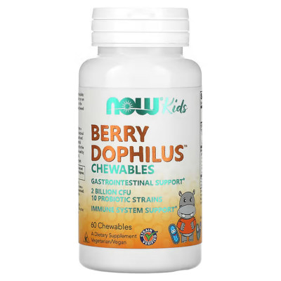 Пробіотики для дітей, Berry Dophilus, Now Foods, смак ягід, 2 млрд КУО, 60 жувальних таблеток