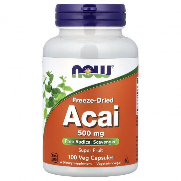 Асаї, Acai, Now Foods, ліофілізовані ягоди, 500 мг, 100 вегетаріанських капсул