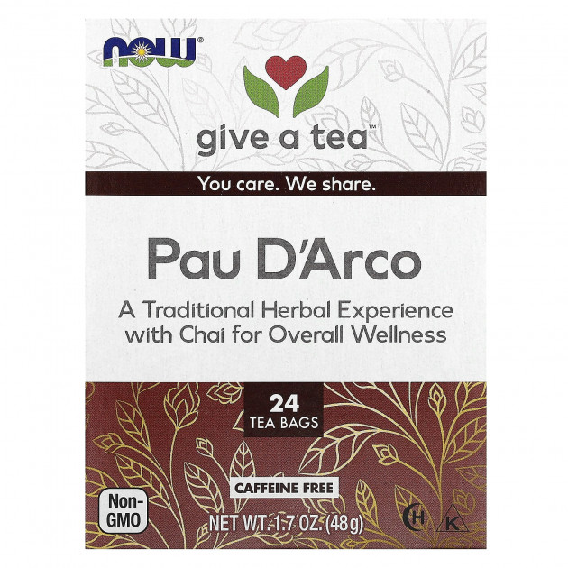 По д'арко, Pau D'Arco, Now Foods, Real Tea, без кофеїну, 24 чайних пакетика, 48 г