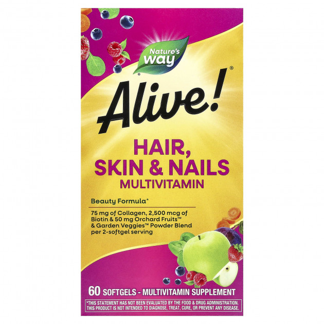 Мультивітаміни для волосся, шкіри і нігтів, Hair, Skin & Nails Multi-Vitamin, Nature's Way, Alive!, 60 гелевих капсул
