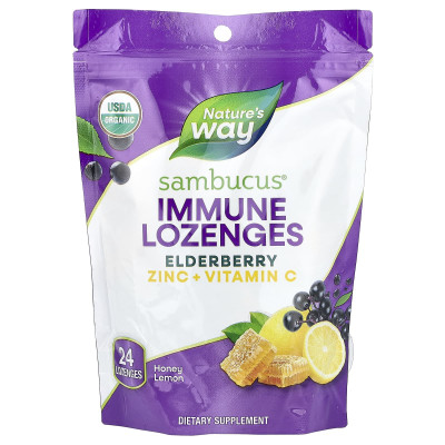 Льодяники для імунітету, бузина, цинк + вітамін C, Sambucus®, Nature's Way, мед та лимон, 24 цукерки