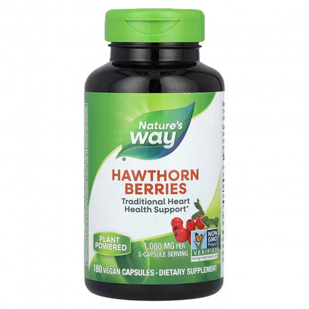 Глід, Hawthorn Berries, Nature's Way, ягоди, 1080 мг, 180 веганських капсул (360 мг у капсулі)