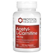 Ацетил-L-карнітин, Acetyl-L-Carnitine, Protocol for Life Balance, 500 мг, 100 веганських капсул
