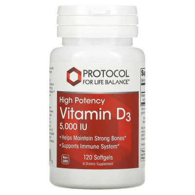 Вітамін D3, Vitamin D3, Protocol for Life Balance, 5000 МО, 120 гелевих капсул
