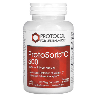 Вітамін С комплекс, ProtoSorbC 500, Protocol for Life Balance, буферизований, некислотний, 100 веганських капсул