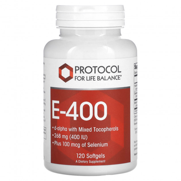 Вітамін Е, E-400, Protocol for Life Balance, змішані токофероли та селен, 268 мг (400 МО), 120 гелевих капсул