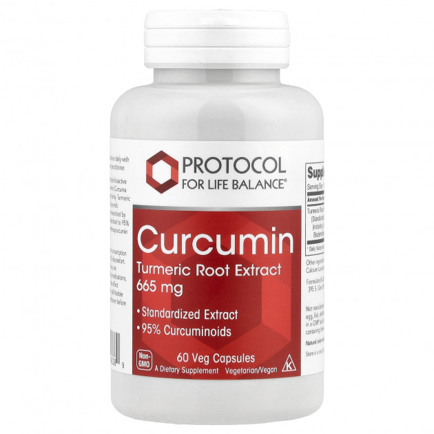 Куркумін, екстракт кореня куркуми, Curcumin Turmeric, Protocol for Life Balance, 665 мг, 60 вегетаріанських капсул