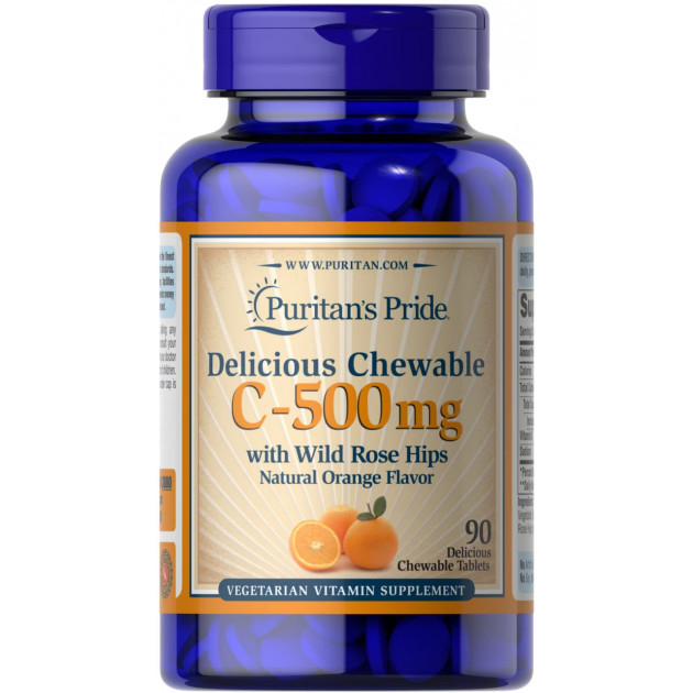 Вітамін С з шипшиною, Vitamin C, Puritan's Pride, смак апельсина, 500 мг, 90 жувальних таблеток