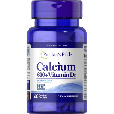 Кальцій карбонат + вітамін D, Calcium + Vitamin D, Puritan's Pride, 600 мг/125 мкг (125 МО), 60 каплет
