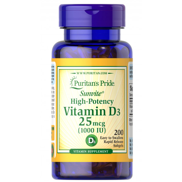 Вітамін D3, Vitamin D3, Puritan's Pride, 25 мкг (1000 МО), 200 гелевих капсул