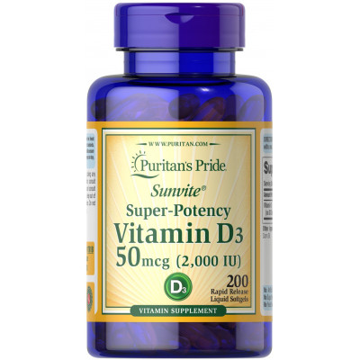 Вітамін D3, Vitamin D3, Puritan's Pride, 2000 МО, 200 капсул