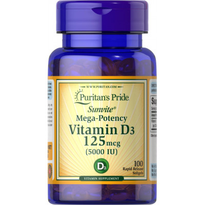 Вітамін D3, Vitamin D3, Puritan's Pride, 5000 МО, 100 гелевих капсул
