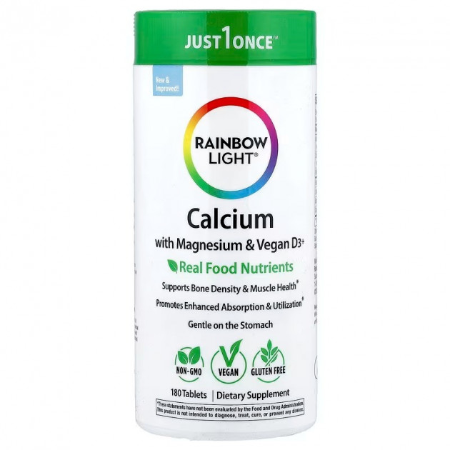 Кальцій з магнієм та веганським вітаміном D3+, Calcium with Magnesium & Vegan D3+, Rainbow Light, 2:1, 180 таблеток