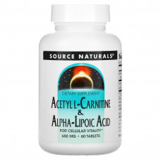 Ацетил карнітин + альфа-ліпоєва кислота, Acetyl L-Carnitine & Alpha Lipoic Acid, Source Naturals, 650 мг, 60 таблеток