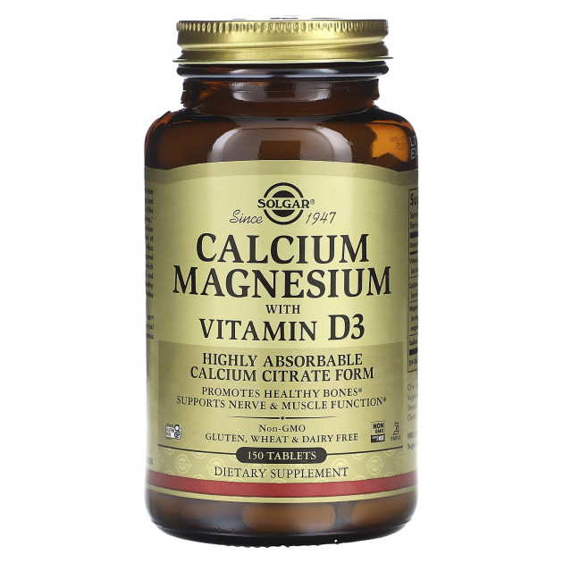 Кальцій і магній з вітаміном D3, Calcium Magnesium D3, Solgar, 150 таблеток