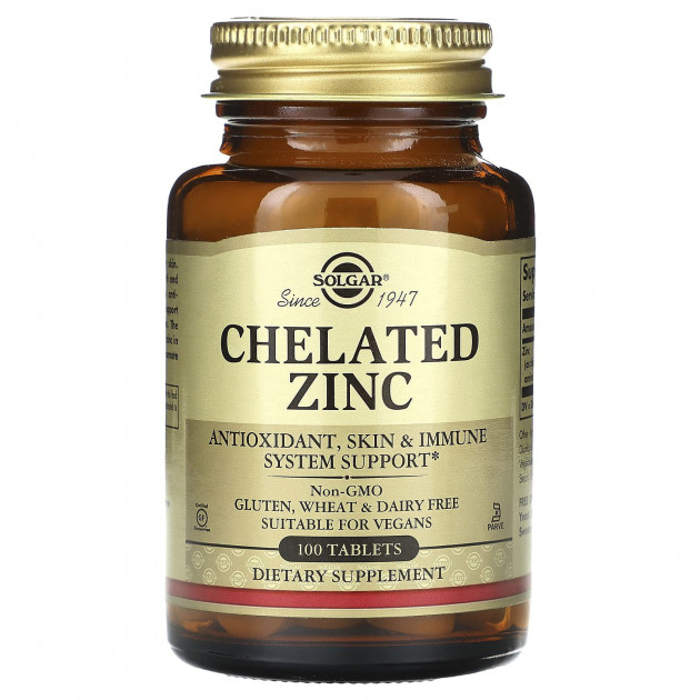 Хелат цинку, Chelated Zinc, Solgar, 100 таблеток