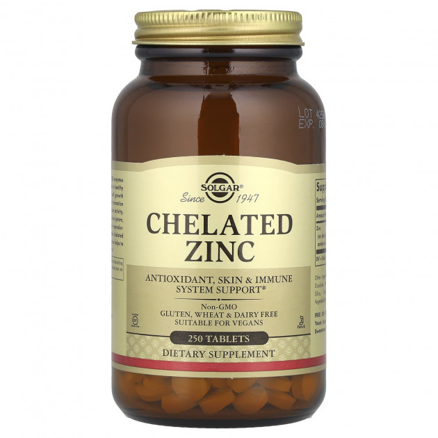 Хелат цинку, Chelated Zinc, Solgar, 250 таблеток