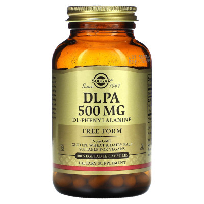DL-Фенілаланін, DLPA, Solgar, вільна форма, 500 мг, 100 вегетаріанських капсул
