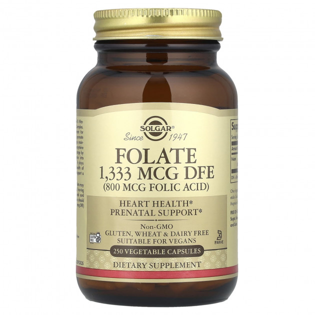 Фолат, Folate, Solgar, фолієва кислота, 1333 мкг DFE, 250 вегетаріанських капсул
